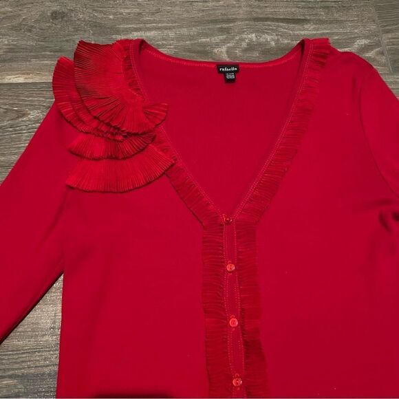 Vtg 90s Rafaella Red Pleated Ruffle Embellished Chiffon Shoulder Knit cardigan S - Picture 2 of 9